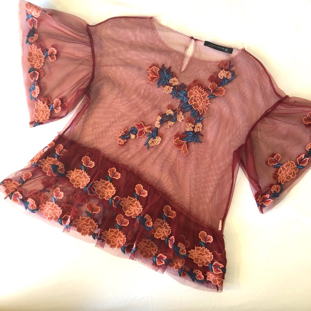Zara Red Floral Sheer Top